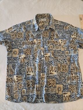 Stitch Hawaiin Men's Casual Short-Sleeve Button-Down Shirt Blue & Tan Tile